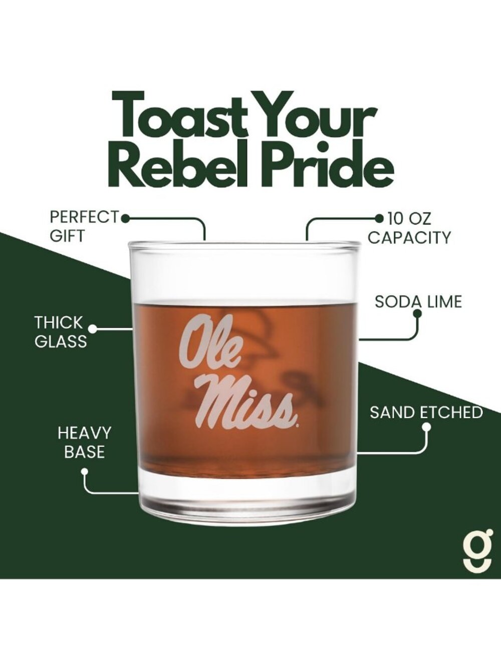 Set of 2 Sand-Etched Whiskey Glasses, 10 oz - Ole Miss Rebels Gift for Fans - Picture 3 of 6